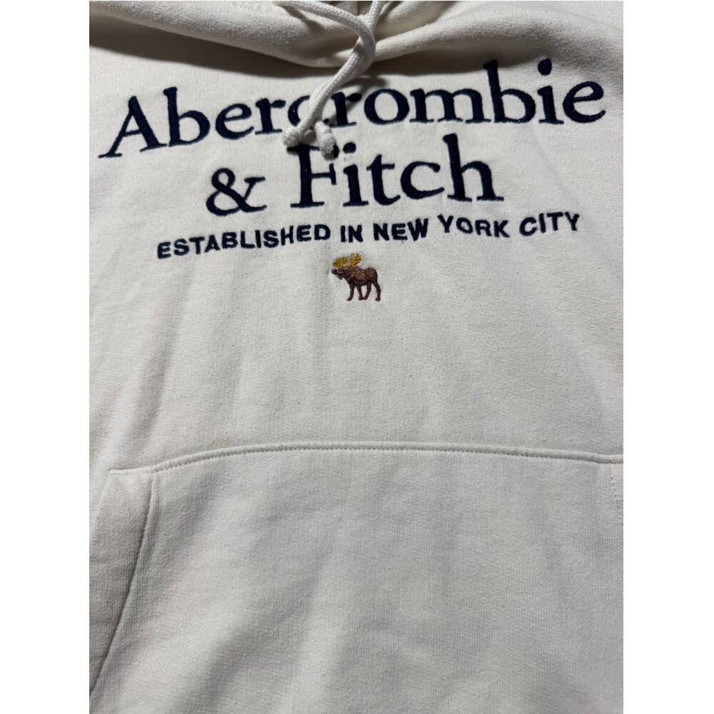 Abercrombie & Fitch Hoodie Mens S Cream Relaxed Soft A&F Fleece Graphic Pullover - Picture 13 of 16